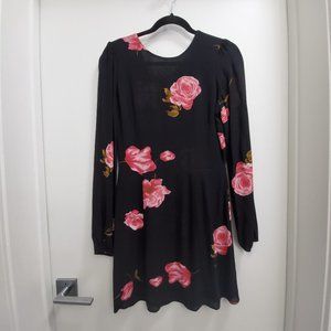 Reformation Blaire Black Pink Rose Long Sleeve V-Back Mini Dress Size 6